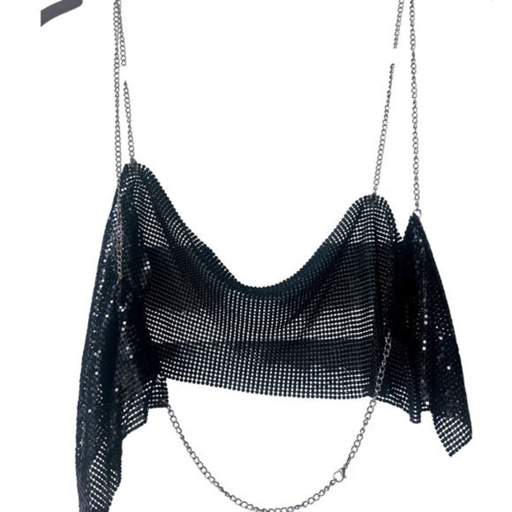 NWT Da Veamor Black Chainmail Crop Top Cowl Neck Silver Chain Straps Festival M - Picture 2 of 7